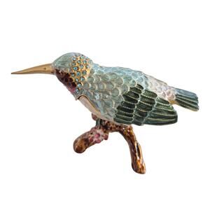 Vintage Enamel Hinged Hummingbird Figurine Ring Trinket Holder Blue Green Jewel